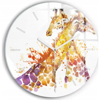 Hodiny Čtvercové Skleněné Foto Hodiny na Zeď do Obýváku Žirafa – akvarel průměr 30 cm