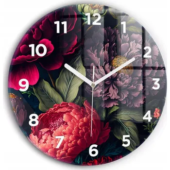 Hodiny Moderní skleněné nástěnné hodiny s potiskem Vintage kytice květin průměr 30 cm