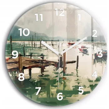 Hodiny Foto nástěnné hodiny Rybářské lodě v přístavu kulatý bílé ručičky průměr 60 cm