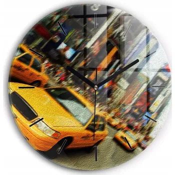 Hodiny Moderní skleněné nástěnné hodiny s potiskem New York City taxi, průměr 30 cm