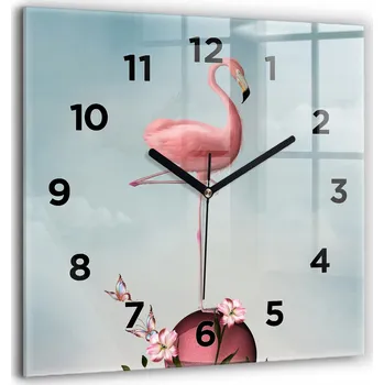 Hodiny Nástěnné čtvercové skleněné hodiny se surrealistickým vzorem plameňák 60x60 cm