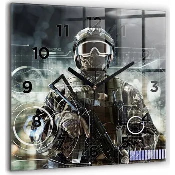 Hodiny Velké Skleněné Hodiny s Obrazem Tichý Mechanismus Loft Nástěnné Voják se zbraní