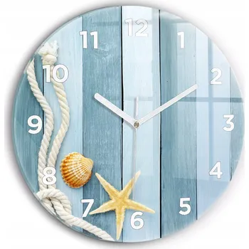 Hodiny Moderní skleněné foto hodiny na zeď Prkna pruhy a mušle kulatý průměr 30 cm