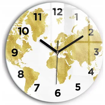 Hodiny Moderní skleněné hodiny s grafikou na zeď Zlatá mapa světa průměr 60 cm