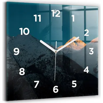 Hodiny Čtvercové skleněné nástěnné hodiny s motivem západu slunce v horách 30x30 cm