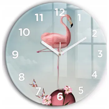 Hodiny Skleněné nástěnné hodiny do obývacího pokoje s surrealistickým vzorem plameňák fi60 cm