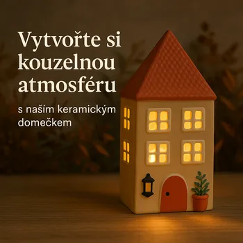Bytová dekorace Ego Dekor Keramický domeček na čajovou svíčku KŘEMÍLEK, svícen DOMEČEK NA NÁMĚSTÍ, barva: béžová krémová, výška: 27cm|MyScandi