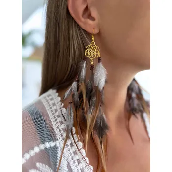 Náušnice Boho peříčkové Náušnice , festivalové visací Náušnice s peřím, dlouhé Náušnice