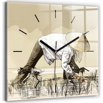 Hodiny Skleněné nástěnné hodiny do obýváku se vzorem Žena sbírající rýži 30x30 cm