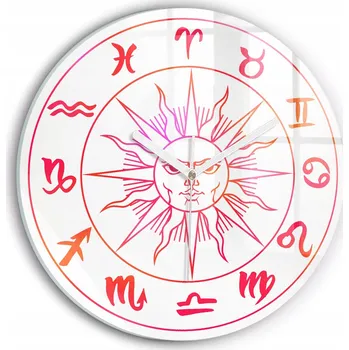 Hodiny Nástěnné Čtvercové Skleněné Hodiny do Obýváku Barevná znamení zvěrokruhu fi30 cm