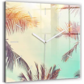 Hodiny Čtvercové Skleněné Hodiny Minimalistické Nástěnné Tropické palmy 30x30 cm