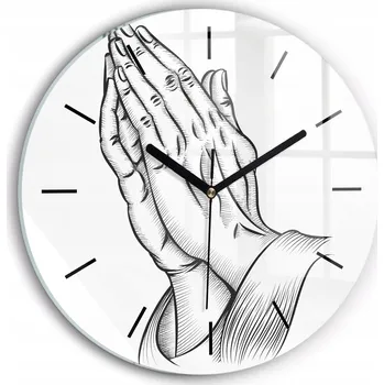 Hodiny Krásné skleněné nástěnné hodiny tiché s s potiskem Ruce v modlitbě průměr 30 cm