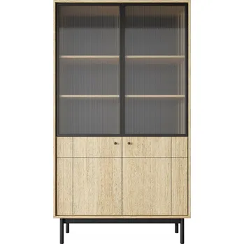 Komoda Vitrína dub linea s černými nohami, vysoká skříňka, prosklené dveře