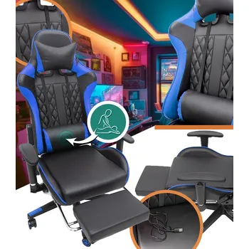 Herní židle Masážní herní křeslo s podnožkou - modré