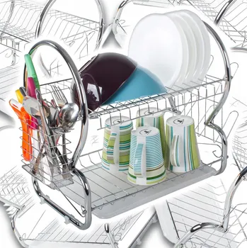 Odkapávač na nádobí ODKAPÁVAČ NA NÁDOBÍ DVOUÚROVŇOVÝ STOJÍCÍ STŘÍBRNÝ S PŘÍSLUŠENSTVÍM