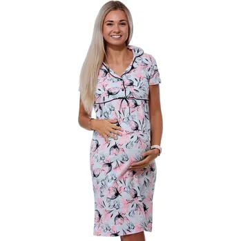 Dámská noční košile Šedá kojící noční košile s límečkem pro těhotné, růžové i černé romantické květy 1D1298 růžová m
