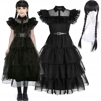 Karnevalový kostým Wednesday Addamsová ŠATY + PARUKA TYLOVÝ PŘEVLEK KOSTÝM vel. 110 Černá