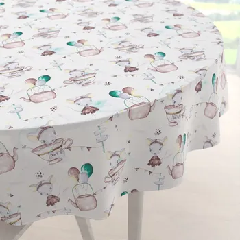 ubrus Dětský bavlněný kulatý ubrus Sandra SA-372 Myšky a konvičky na bílém Ø 100 cm