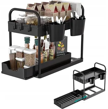 regál ORGANIZÉR REGÁL VYSOUVACÍ POLICE POD DŘEZ UMYVADLO S HÁKY A DRŽÁKY NA HRNÍČKY