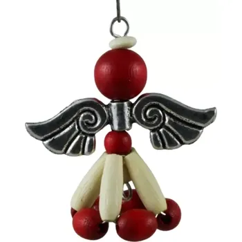 Vánoční ozdoba Anděl dřevěný krémovočervený - starostříbrná křídla