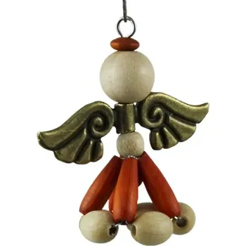 Vánoční ozdoba Anděl dřevěný v oranžové - starozlatá křídla