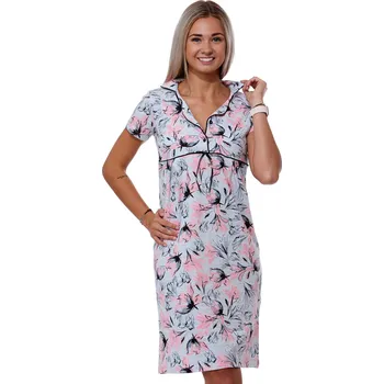 Dámská noční košile Šedá dámská noční košile s límečkem růžové i černé romantické květy růžová S