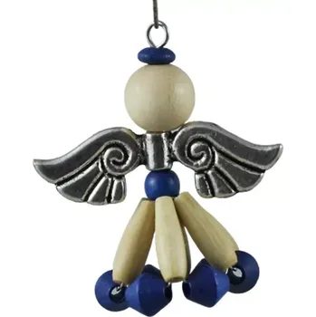 Vánoční ozdoba Anděl dřevěný v modré - starostříbrná křídla