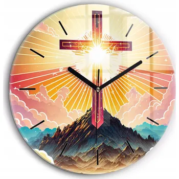 Hodiny Ozdobné Kulatý nástěnné hodiny s krásnou grafikou - Ilustrace kříž a hory