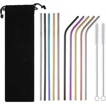 Nerezová brčka 10ks + 2x kartáček na čištění barevné