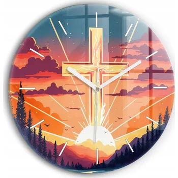 Hodiny Dekorativní Kulatý nástěnné hodiny s krásnou grafikou Východ slunce a kříž průměr 30 cm