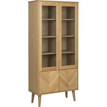 police Dřevěná knihovna Nagano Actona do obýváku a kanceláře, skandinávský styl, hnědá s vitrínou 80 cm