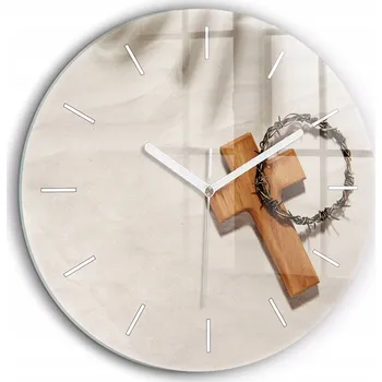 Hodiny Klasické Kulatý Nástěnné Hodiny Skleněné Kříž a trnová koruna pr. 60