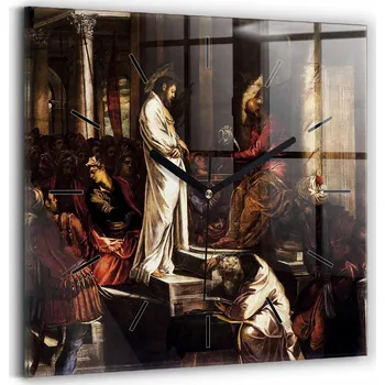 Hodiny Skleněné nástěnné hodiny tiché s potiskem Ježíš a Pilát Odsouzení 30x30