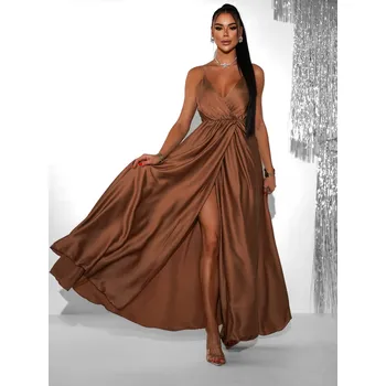 Dámské šaty Hnědé dlouhé saténové šaty PERFECTLY Velikost: ONESIZE