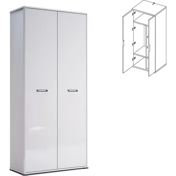 Šatní skříň Bílá lesklá šatní skříň Bella dvoudveřová s tyčí a policemi hloubka 40 do ložnice