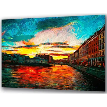 Obraz Skleněný obraz Západ Slunce Řeka Město 36x23 cm