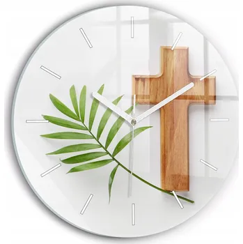 Hodiny Skleněné nástěnné hodiny tiché s potiskem Dřevěný kříž a list průměr 30 cm