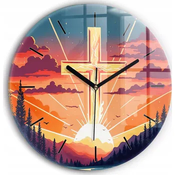 Hodiny Skleněné nástěnné hodiny tiché s potiskem Východ slunce a kříž průměr 30 cm