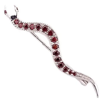 Brož granát - stříbrná brož - had (5582) povrchová úprava: rhodiované