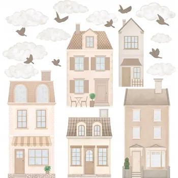 Obraz Nálepky na zeď pro děti – domečky, město, béžové, boho, hnědé, neutrální