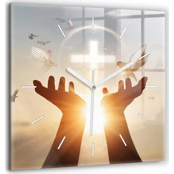 Hodiny Skleněné hodiny Sklo Tichý Bezhlučný Nástěnný Ruce kříž a holubi 60x60