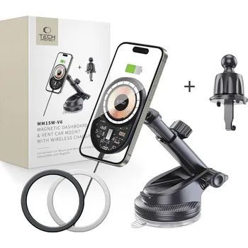 DRŽÁK TELEFONU DO AUTA S BEZDRÁTOVÝM NABÍJENÍMTECH-PROTECT MM15W-V6 MAGNETIC MAGSAFE DASHBOARD & VENT CAR MOUNT WIRELESS CHARGER 15W BLACK