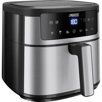 fritéza Princess Airfryer horkovzdušná fritéza, 6 l, 1 500 W, s displejem, nepřilnavý povlak, funkce časovače, bez BPA, ochrana proti přehřátí, černá, stříbrná