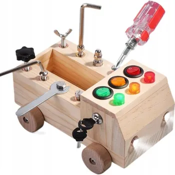 Dřevěná hračka MONTESSORI Senzorická dřevěná manipulační tabule LED Autíčko