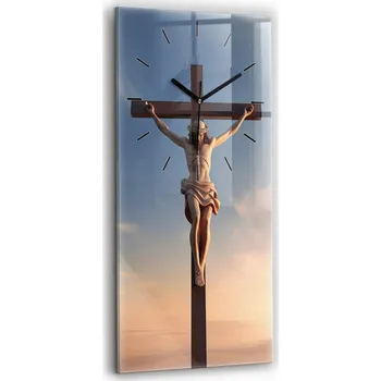 Hodiny Klasické obdélníkové nástěnné hodiny skleněné Ježíš na kříži 30x60