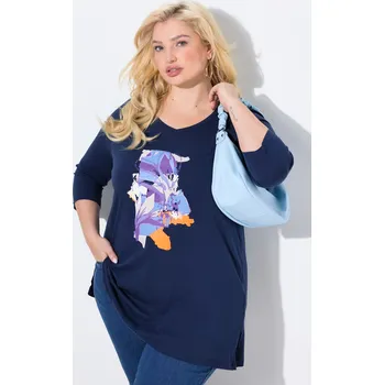 Dámské tričko Ulla Popken, Plus size Dlouhé tričko, květy, A střih, výstřih do V, 3/4 rukávy pro plnoštíhlé nadměrná velikost, 835061740-1128, modrý, 42/44, Nadměrné velikosti, Plus size oblečení, Oblečení pro boubelky, Oblečení pro baculky, Oblečení pro plnoštíhlé, Ob