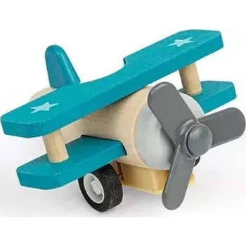 autíčko Bigjigs Toys Dřevěné natahovací letadlo Dvouplošník modrý