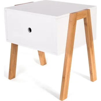 Noční stolek Bílý noční stolek se zásuvkou 44 cm, moderní na dřevěných nohách Intesi Crane