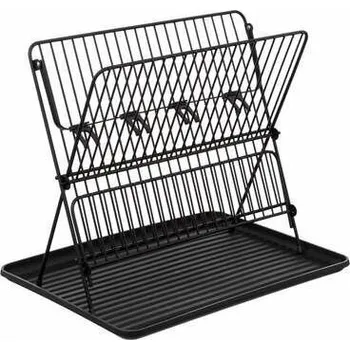 Odkapávač na nádobí Skládací dvoupatrový odkapávač na nádobí černý kovový s miskou na pracovní desku Atmosphera