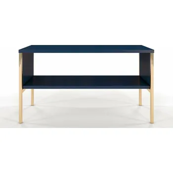 Konferenční stolek Dřevěný obdélníkový konferenční stolek modrý se zlatými nohami s policí do obývacího pokoje SKANDICA